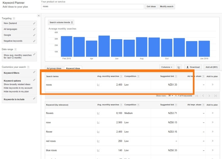 Google Keyword Planner Example